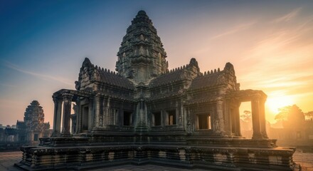 Angkor Wat Central Structure Silhouette at Dramatic Sunrise or Sunset, Cambodia