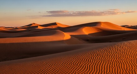 Naklejka premium Golden Sunset Over Sahara Desert Sand Dunes with Rippled Texture and Dramatic Shadows, Erg Chebbi, Morocco