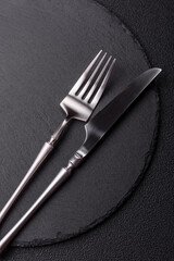 An empty slate cutting board with cutlery on a kitchen counter. Slate cutting board