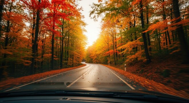 Dynamic Autumn Road Trip View from Car Windshield: Winding Road through Vibrant, Motion-Blurred Fall Foliage and Golden Sunlight