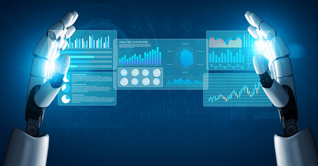 Futuristic robot hands engage with a digital dashboard showcasing various data visualizations,...