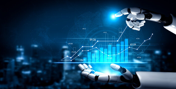 A robot hand interacts with digital graphs showcasing financial metrics and growth trends. The futuristic background highlights automation in business analysis. Scalp