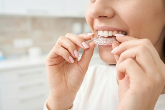 Woman smiling while putting on clear dental aligners for teeth straightening treatment