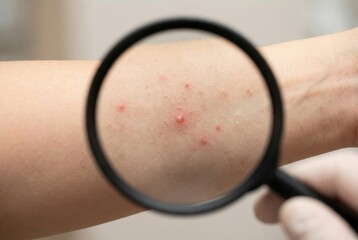 Fototapeta premium Close-up view of acne pimples on skin magnified by a magnifying glass