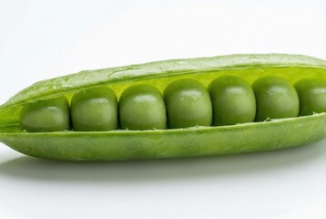 Fresh green pea pod with seven plump peas inside, isolated on a white background