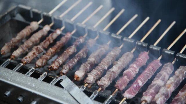 Grilled Skewers , roasted lamb meat Traditional Italian Arrosticini , roasted lamb meat