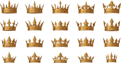 Golden crown collection, royal king queen tiaras, luxury monarchy symbols, ornate jewelry design set, regal illustration, isolated vector pack © Amit World
