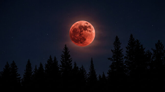 Large, glowing red blood moon during a total lunar eclipse in a dark starry night sky. Silhouette of a coniferous pine forest in the foreground creates a dramatic and celestial atmosphere.