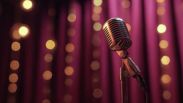 Vintage microphone stands ready for a captivating performance on dimly lit stage