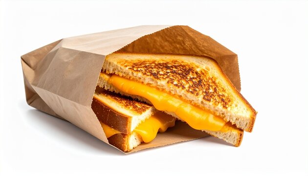 Grilled cheese sandwich melted cheddar paper bag