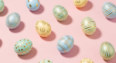Fototapeta premium A collection of decorated Easter eggs on a pastel pink background