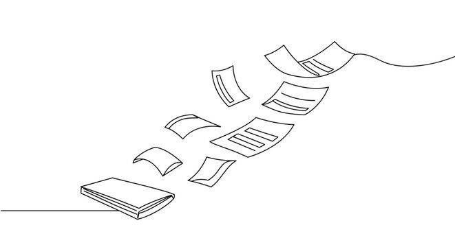 Line drawing of sheets of paper falling on a transparent background with a stylized design showing various angles and movements in a fluid motion