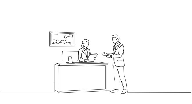 Line drawing of a man and woman interacting at a reception desk in an office with a computer on a transparent background