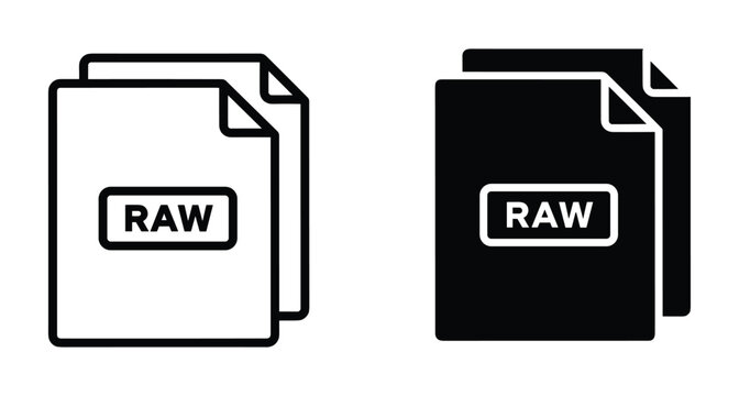 Digital file extension icons for raw image data in outline and solid versions