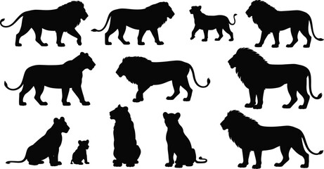 Black Lion Silhouettes Set Featuring Majestic African Male Lions with Manes Lionesses Cubs and Prowling Wild Cats Isolated on White Background for Vector Design © Anayna Here