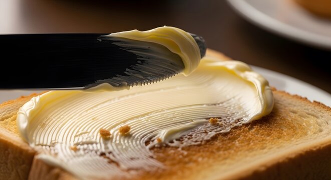 A knife spreading creamy butter on a slice of toast, a simple pleasure for breakfast or a snack