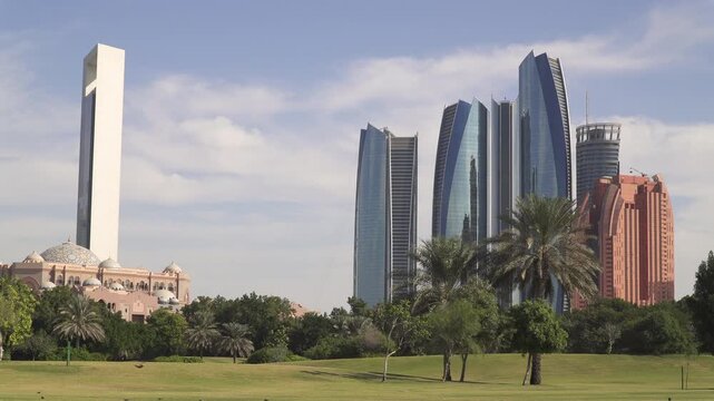 Captivating view of modern skyscraper buildings seen from Al Ras Al Akhdar district of Abu Dhabi, UAE