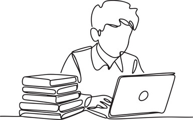 Minimal Single Line Art of Student Studying on Laptop with Books. Online Learning Illustration