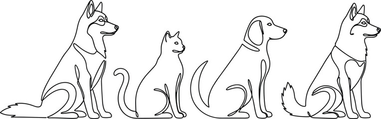 Continuous one line drawing of pets set featuring dogs and cat sitting in a row for minimalist animal lovers logos and veterinary branding © MdIbrahim