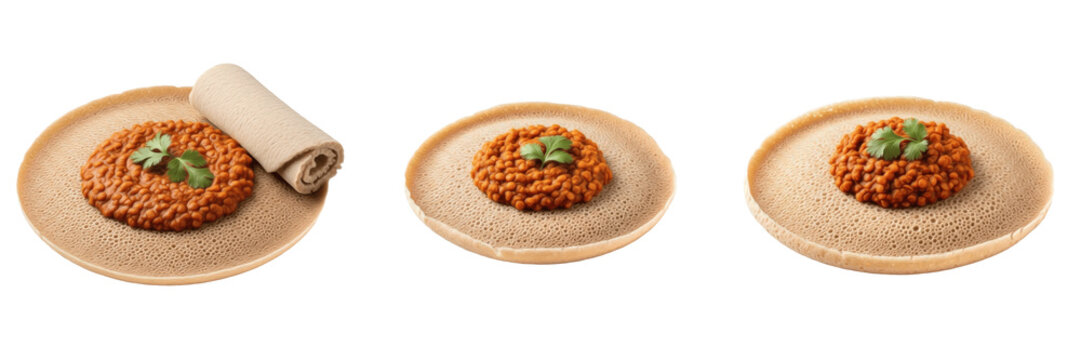 Set and collection of traditional Ethiopian injera flatbread with spicy red lentil stew misir wot isolated on white transparent PNG background.