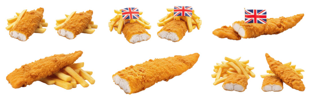 Set and collection of traditional British fish and chips with crispy battered fish and golden potato fries isolated on white transparent PNG background.