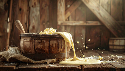 Rustic butter churn with spilled cream drops on wooden barn background, vintage farm scene