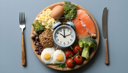 Intermittent fasting diet concept with 8-hour clock timer for eating nutritional or keto low carb, high protien food meal healthy dish and 16-hour skipping meal for weight loss