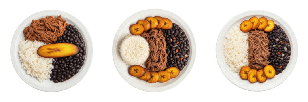 Set and collection of traditional Venezuelan pabell&oacute;n criollo with shredded beef, white rice, black beans, and fried plantains isolated on white transparent PNG background.