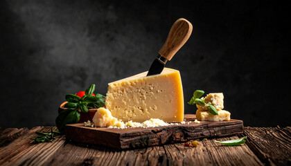 Parmesan cheese wedge with knife on rustic wooden board under spotlight