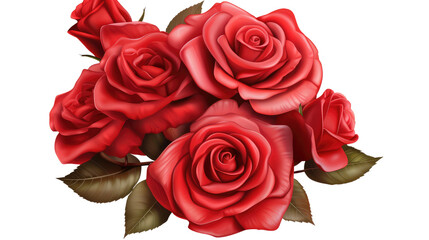 Obraz premium A beautiful bouquet of blooming red roses with green leaves isolated on a white background, perfect for a romantic Valentine gift, wedding celebration, or a floral symbol of love and beauty