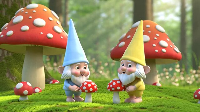 A cute cartoon gnome with a basket of mushrooms in the forest, 3D design