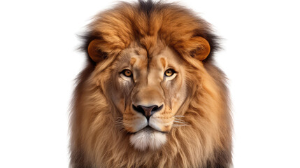 Fototapeta premium A majestic 8-year-old male lion with a thick mane sits isolated on a white background, captured in a high-quality wildlife portrait of the powerful feline predator Panthera leo