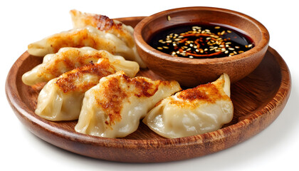 Crispy pan-fried dumplings served with soy sauce in wooden plate, isolated on white transparent background, concept of Asian cuisine
