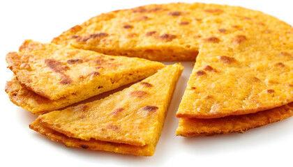 Fototapeta premium Chickpea flatbread with crispy golden brown texture and cut slices isolated on white background. Concept of Argentina Faina food