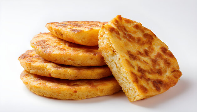 Chickpea flatbread with crispy golden brown texture and cut slices isolated on white background. Concept of Argentina Faina food