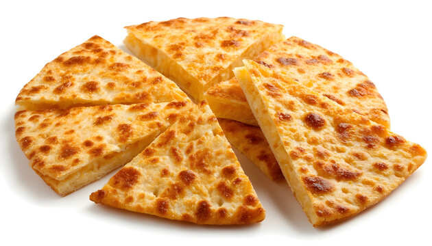 Chickpea flatbread with crispy golden brown texture and cut slices isolated on white background. Concept of Argentina Faina food