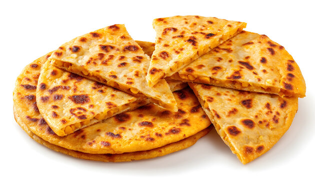 Chickpea flatbread with crispy golden brown texture and cut slices isolated on white background. Concept of Argentina Faina food