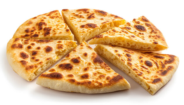 Chickpea flatbread with crispy golden brown texture and cut slices isolated on white background. Concept of Argentina Faina food