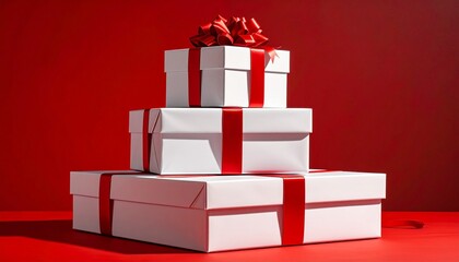 Fototapeta premium Pyramid-like arrangement of white gift boxes with red ribbons and bows, stacked symmetrically against red background, festive celebratory atmosphere emphasizing gift-giving occasions