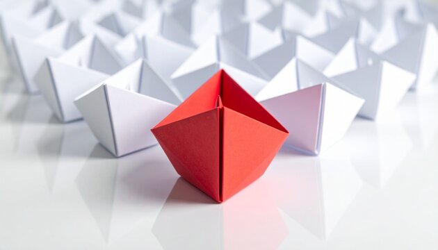 Group of paper boats arranged on white surface, majority white boats in background, single red paper boat prominently in foreground, strong visual contrast symbolizing individuality and leadership