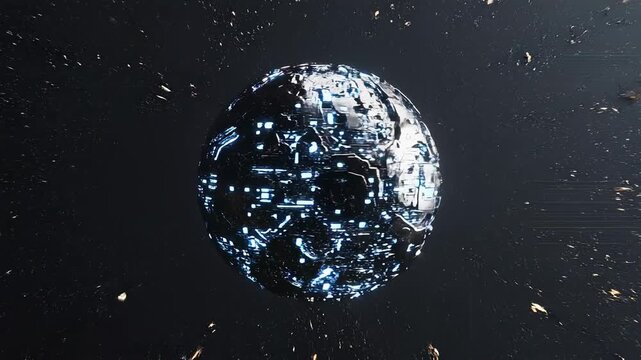 Abstract futuristic alien sphere assembling from particles