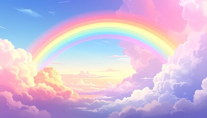 Fototapeta premium Vibrant double rainbow over dramatic pink clouds in golden sunset sky landscape