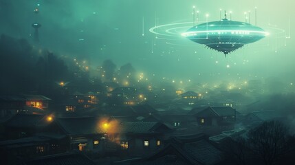 Fototapeta premium Futuristic UFO Spaceship Hovering Over Traditional Village At Night In Fog