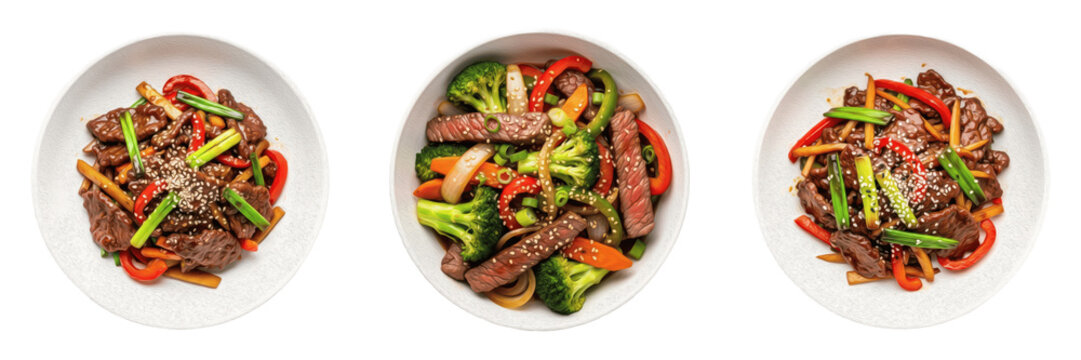 Collection of Beef and Broccoli Stir-Fry, Savory Wok Tossed Beef with Fresh Broccoli in Glossy Garlic Soy Sauce isolated on white transparent png background