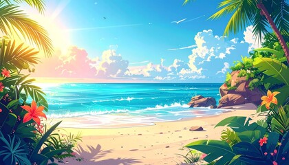 Tropical beach paradise with palm trees and turquoise ocean at sunset