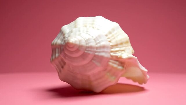 Close-up of a beautiful conch shell rotating on a vibrant pink background, showcasing its intricate details and natural beauty.