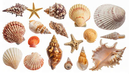 Exotic seashell collection displayed on white background, studio shot