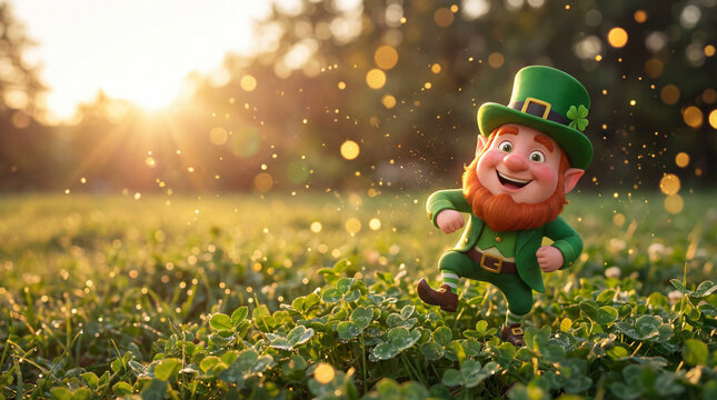 Close-up 3D render of a cute, happy cartoon leprechaun with a ginger beard and green hat dancing in a lush clover field. Warm sunlight filters through trees with a magical bokeh effect for St. Patrick
