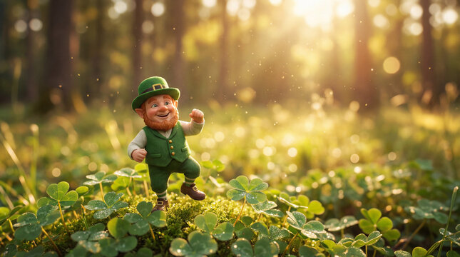 Close-up 3D render of a cute, happy cartoon leprechaun with a ginger beard and green hat dancing in a lush clover field. Warm sunlight filters through trees with a magical bokeh effect for St. Patrick