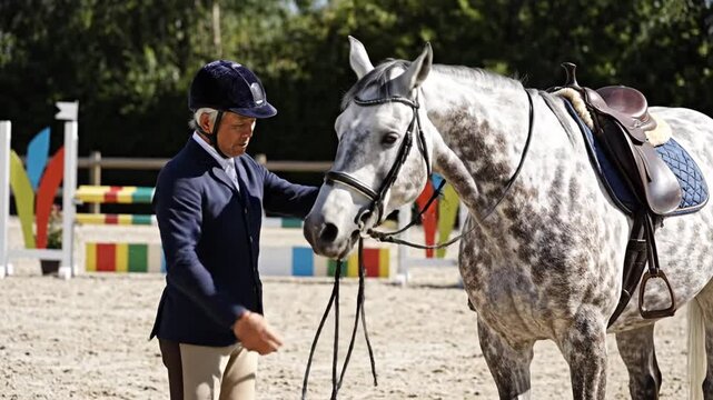 Equestrian man preparing dapple grey horse in outdoor show jumping arena